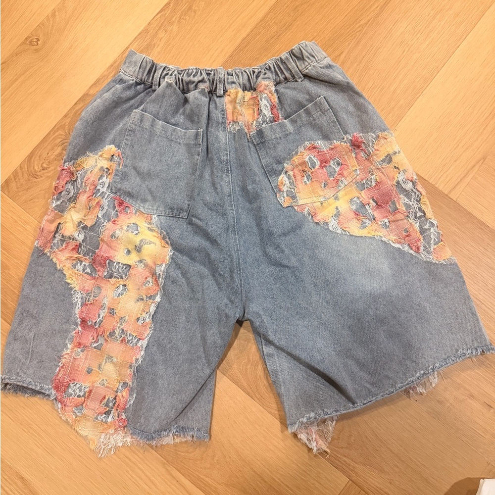 Aelfric Eden patch work, denim  vintage style distress jean shorts - Picture 2 of 2